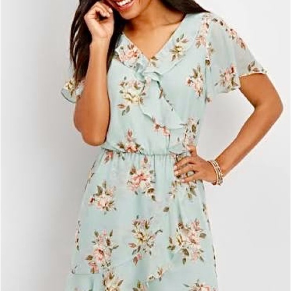 Maurices Flutter Sleeve Chiffon Wrap Mini Dress Mint Green Floral Size Small - Picture 2 of 12